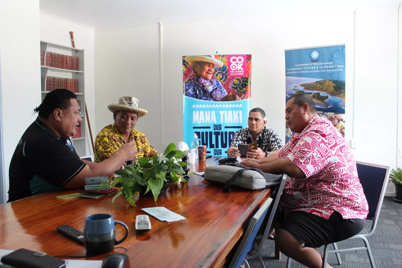 Vano John Puna, Ru Taime, and Tamu Tapaitau receive training by Border Security Leader and Training facilitator Tereroa Pumati at MFAI headquarters in Rarotonga