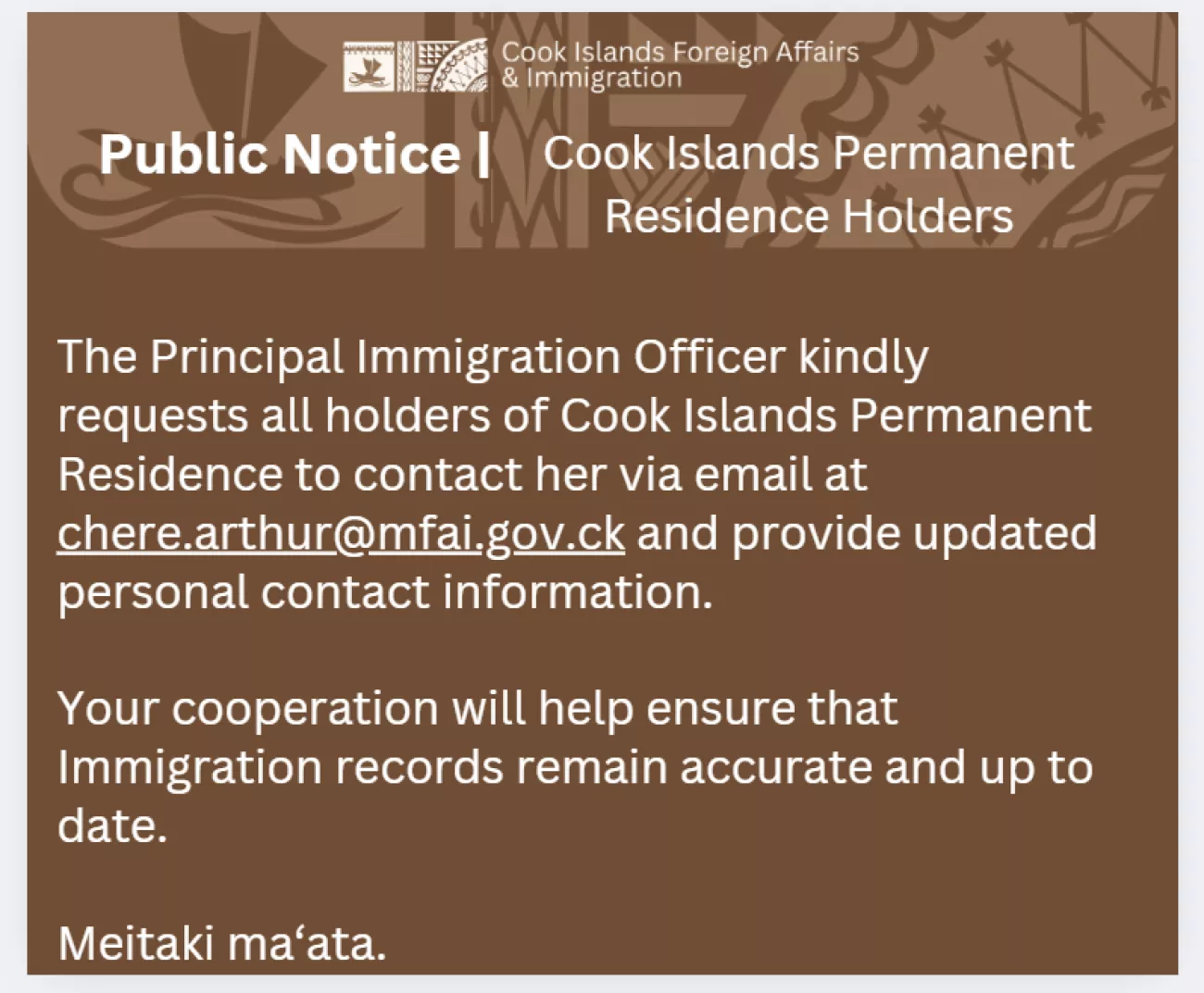 PUBLIC NOTICE - Cook Islands Permanent Residence Holders