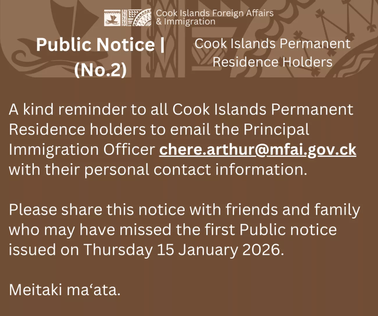 PUBLIC NOTICE (NO. 2) Cook Islands Permanent Residence Holders